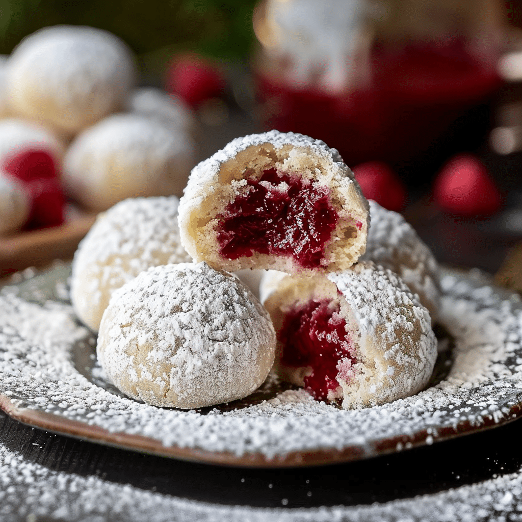 Raspberry Filled Almond Snowball Cookies - Recipes by Janet